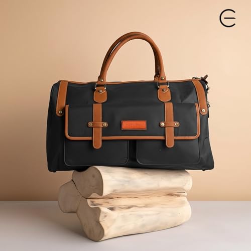 Image of Black & Brown PU Leather Duffle Bag | 37L Large Travel Duffel | Zipper Closure | Hand Carry & Sling Bag | Weekend Gym Travel Bag for Men & Women