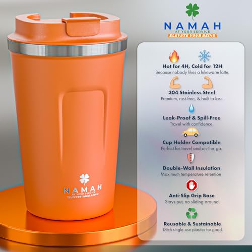 Image of Namah Insulated Coffee Travel Mug 380 ml with Lid, Leak Proof Stainless Steel Thermosteel Vacuum Insulated Mug, Hot & Cold Reusable Coffee Mug for Office, Car Cup Holder Friendly