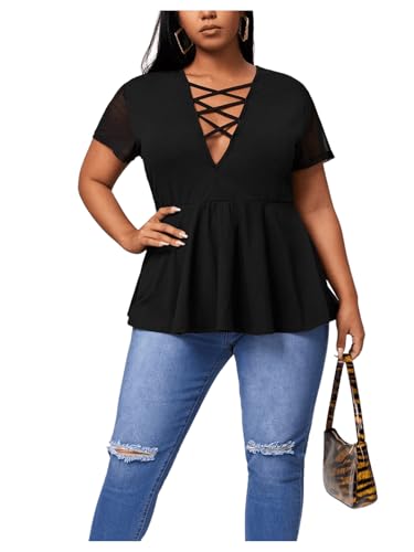 OYOANGLE Women's Plus Size Mesh Short Sleeve Criss Cross Front Plunging Neck Peplum Blouse3