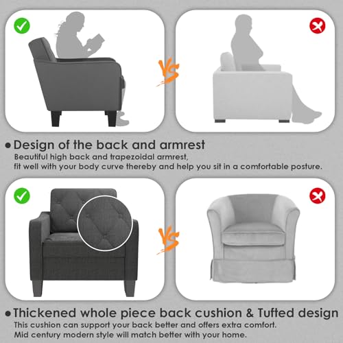 Image of STHOUYN Grey Accent Chairs, Wide Comfy Arm Chairs for Living Room, Office | STHOUYN Tufted Club Chair, Reading Chairs for Bedroom, Waiting Area Seating, Small Space Office Chairs, Supportive Wide Seat