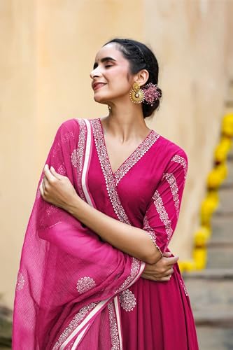 Image of GoSriKi Women's Cotton Blend Printed Anarkali Kurta with Pant & Dupatta | Ethnic Wear for Women | Indian Casual Office Daily Summer Outfit