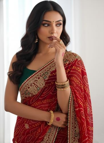 Image of Yashika Women's Georgette Art Silk Bandhej Zari Work Embroidered Saree | Women Sari