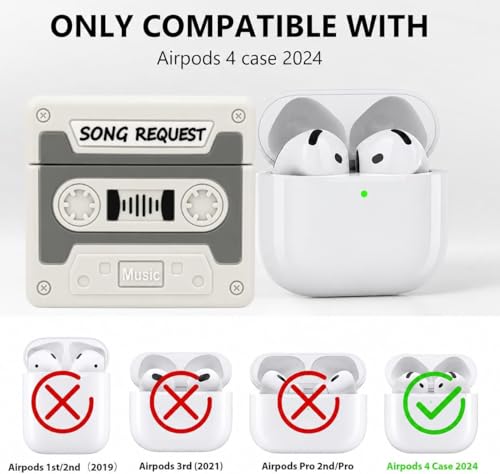 Image of Emoh Roced Case for AirPodS 4 (2024) with Keychain (ANC), Cute Cartoon Shockproof Protective Cover Compatible with Apple AirPods 4th Generation 2024 for Women and Boys (Casette Grey)