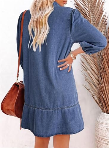 Women's V-Neck Puff Sleeve Denim Layered Dress, V Neck 3/4 Puff Sleeve Jean Dresses Women Fashion Fall Casual Babydoll A Line2