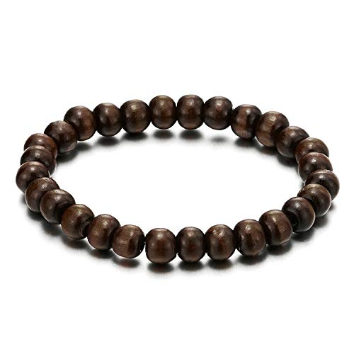 COOLSTEELANDBEYOND Classic Mens Womens Brown Wood Beads Bracelet, 8mm Tibetan Beads Prayer Mala, Stretchable