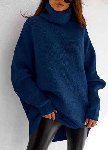 Image of Womens Turtleneck Oversized Sweater Batwing Chunky Pullover Sweater Casual Fall Loose Knit Jumper Top