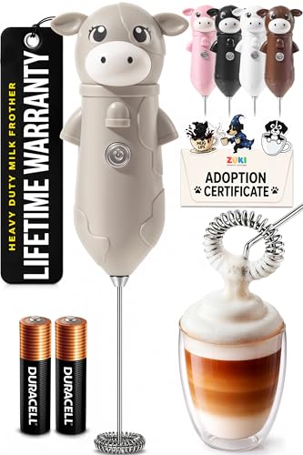 Image of Zulay Kitchen Cow Milk Frother Wand - Cutesy Frother, Meet Your New Frothing Buddy Misty The Cow, Adoption Papers and Stickers Included, Purrr-fect for Lattes, Cappuccino & Matcha - Gray