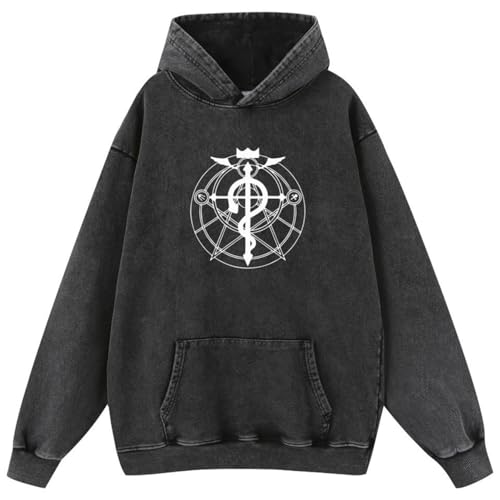 Adult Vintage Washed Distressed Hooded Sweatshirt Fullmetal Alchemist Costume Couples Hoodies Pullover Jacket (Grey 1 3X-Large)