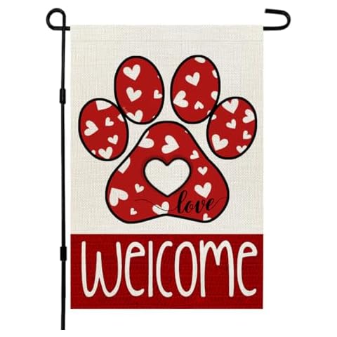 CROWNED BEAUTY Valentines Day Paw Print Garden Flag Hearts 12x18 Inch Double Sided for Outside Small Welcome Burlap Red Holiday Yard Decoration Cover