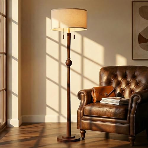Image of MOFFE Solid Wood Floor Lamp for Living Room with Wooden Pull Chains