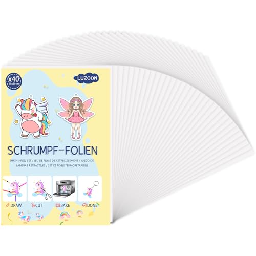 LUZOON 40 Stück A4 Schrumpffolien Durchscheinend Nachfüllset Schrumpfende Plastikfolien zum Basteln Schrumpffolienplatten Matt-Dicke 0.3mm-Größe 20 * 29 cm (A4-40 Stück)