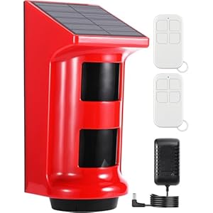 Solar Sound & Light Alarm Motion Sensor with 2 Remote Controls, 120DB Alarm Siren, Dual Detector and 3 Work Modes Flashing Warning Strobe Light for Home, Villa, Yard, Chicken Coop, Farm, Barn