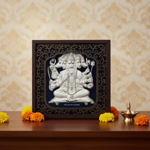 Image of Silver Plating Panchmukhi Hanumanji Frame | Divine Home Decor | Wall Mount SquareFrame for Gift, Wooden PhotoFrame for Temple, OfficeDecor, FestivalsGift | hangingframe (6.50 inch x 6.50 inch Inch)