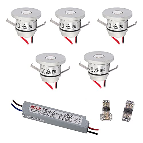 VBLED® Lot de 5 mini spots encastrables 1 W - Mini spot IP65 blanc chaud avec transformateur LED 12 W 12 V CC - IP67 (extensible jusqu'à 10 LED) [Classe d'efficacité énergétique A++]
