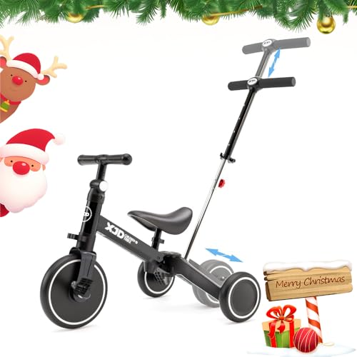 XJD 4 en 1 Triciclo Evolutivo de Bebé, Triciclo para Niños de 1-3 años, Triciclo a Bicicleta con o sin Pedales, Triciclo Bebé con Asiento Ajustables, Transformable (con Varilla de Empuje,Negro)