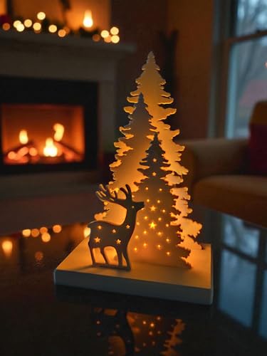 Weihnachtsdeko Holz Tannenbaum mit Rentier & LED Tealight –...