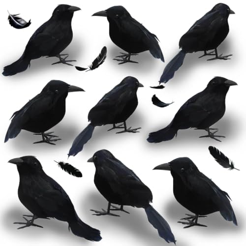 9 Pcs Realistic Black Crows Gothic Stuffed Animals Feathered Birds Ravens