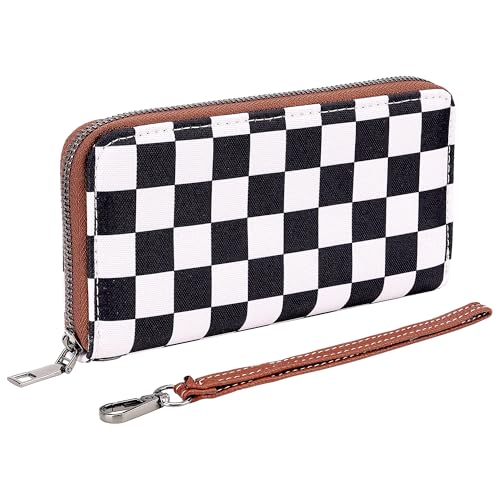 Checkered Wallet for Women with Wrist Strap – Zip Around Canvas Clutch with Card Slots, Cash Pocket & Interior Zip Pouch, Black & White Plaid
