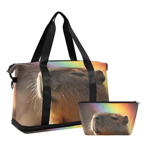 Travel Duffel Gym Sports Luggage Bag Expandable Large Capacity Capybara and Rainbow Sports Bag for Women and Men