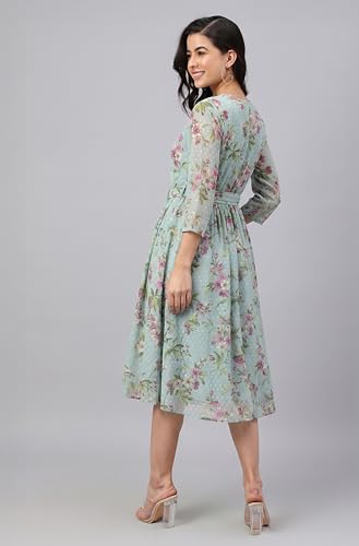 Image of Janasya Women's Dobby Georgette Floral Printed Fit & Flare Dress