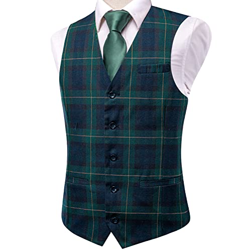 Hi-Tie Mens Green Black Plaid Vest Tailored Collar Sleeveless Slim Fit V-Neck Suit Waistcoat For Formal Banquet #TOP1