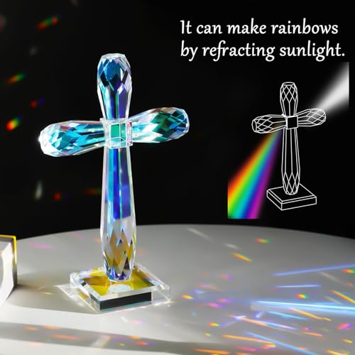Image of YWHL Iridescent Crystal Standing Cross Decor, Handmade Glass Holy Cross