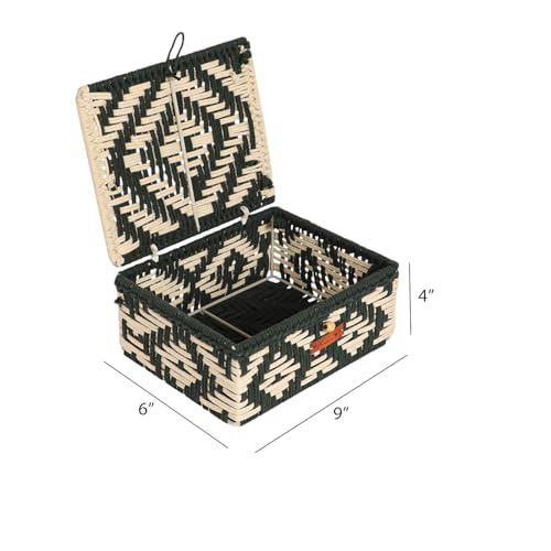 Image of Kaahira Handmade Decorative Storage Box and Organiser | Macrame Gift Hamper Box for Cosmetics, Toiletries & Return Gifts | Aesthetic Rope Woven Organizer (Green and White, Small - 9x6x4 inches)