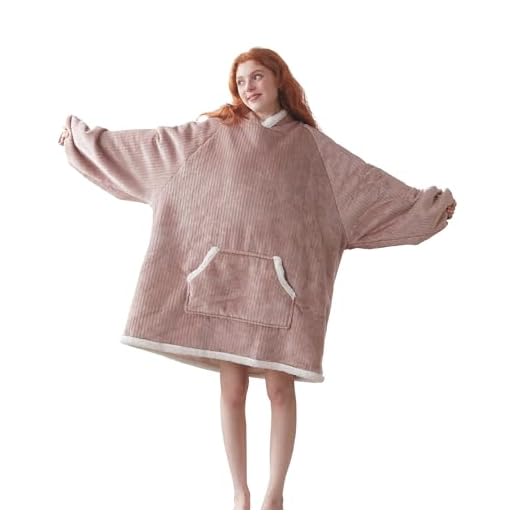 COOVA Moletom com capuz cobertor usável, flanela grande e capuz sherpa para mulheres e homens, moletom aconchegante com bolso gigante, Cinzento-acastanhado listrado, Adult