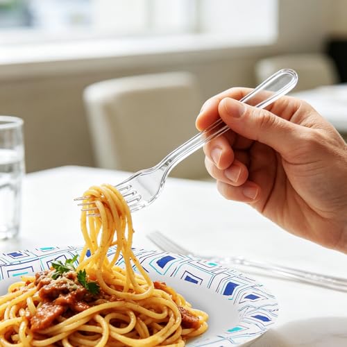Image of Lamosi 360 Count Extra Heavy Duty Clear Plastic Silverware Set, 150 Forks, 150 Spoons, 60 Knives, Disposable Plastic Utensils Set, BPA-Free, Heat Resistant for Weddings, Parties & Events