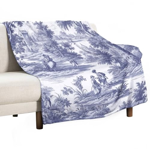 Printingco 8GX8RN81G31M Asian Style Throw Blanket Navy White Blue Toile Print Plush Blanket Ethnic Style Winter Warm Antistatic Suitable Culture Blanket All Seasons Suitable thumb #2
