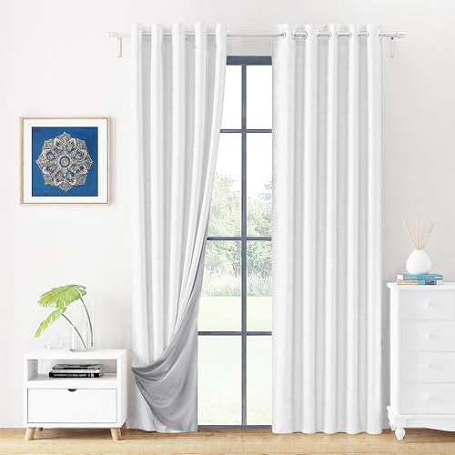 Image of LINENWALAS 100% Blackout Curtains for Door (8 Feet) - Set 2 Panels Linen Texture with Geometric Floral Pattern Complete Light Blocking with Thermal Insulated, Nose Reducing Backing (Cloud White)