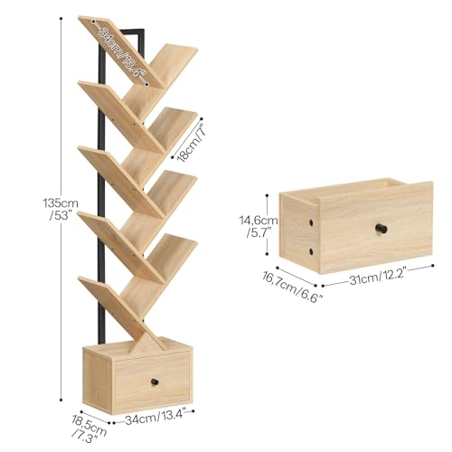 HOOBRO Bücherregal mit Schublade, Standregal mit 9 Ebenen, Baumförmiges Bücherregal, DVD Regal, Bücherturm Freistehend, für Wohnzimmer… – Ansicht 3