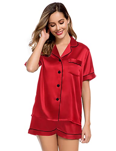 Image of LecGee Womens Silk Satin Pajamas Short Sleeve Loungewear Two-Piece Sleepwear Button-Down Pj Set
