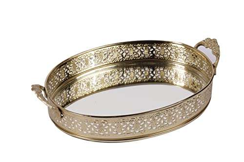 Image of Craft Brio -A TRENDY HANDICRAFTS Oval Glass Mirror Gold Plated Serving Tray with Handmade Handles Decorative Vanity Perfume Storage Pooja Wedding Gifting Trays (28 X 16 cm)