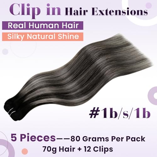 Image of LaaVoo Clip in Hair Extensions Ombre Black to Silver, 5pcs 80g | Hair Extensions Clip in Real Human Hair for Quick Volume, Natural, Short Straight, Double Weft,14 inch