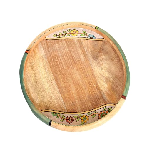 Image of AAKRITI ART CREATIONS Handcrafted Wooden Tray Set with 6 Colorful Painted Glass Jars and 2 Ceramic Cups | Dhokra Madhubani Fusion Art | Glossy Wood Tray | Kitchen & Serving Organizer