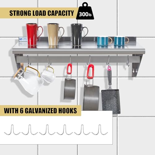 Image of Hally Stainless Steel Shelf with 6 Hooks 14 inch x 36 inch Wall Mounted Pot Rack 300lb, NSF Commercial Floating Shelving for Storage Hanging Pots, Pans, cookware in Restaurant, Kitchen, Home and Hotel