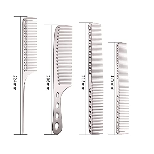 Cgbarber Professional Aluminum Dressing Comb, 4 Types Metal Hair Combs For Hair Styling Included Long Hair Cutting Comb，Short Styling Comb，Handle Comb，Tail Comb(Silver) #TOP3