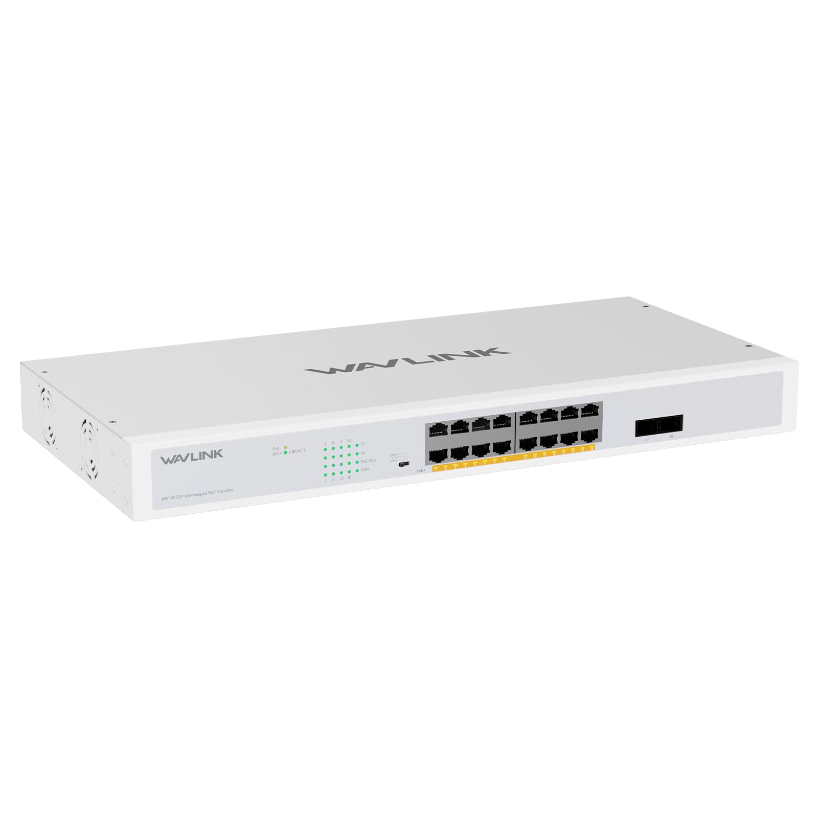 Wavlink a 18 porte Gigabit con 16 porte PoE+, 2 uplink SFP da 1000 Mbps, potenza PoE+ totale di 250 W, switch di rete non gestito con VLAN