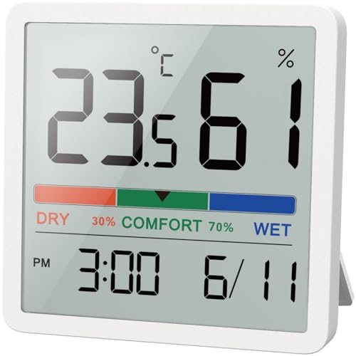 NOKLEAD Thermomètre intérieur numérique Hygromètre : Moniteur de température et d'humidité avec capteur précis, petit compteur d'humidité alimenté par batterie avec date d'heure pour la maison Garage Salle de bébé à serre (Blanc)
