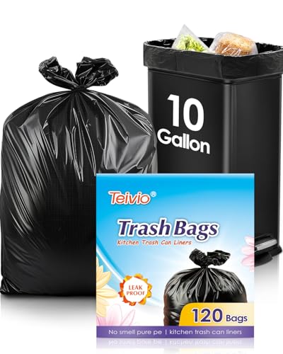 Image of Teivio 10 Gallon 120 Counts Medium Trash Bags Garbage Bags, Bathroom Trash Can Bin Liners, Plastic Bags for home office kitchen garden, Black