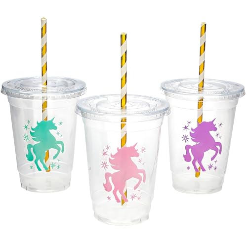 Fun Express 16 oz. Unicorn Party Plastic Straw Cup with Lid & Straw - 12 Ct.