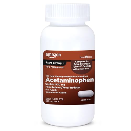 Amazon Basic Care Extra Strength Pain Relief, Acetaminophen Caplets, 500 mg, 200 Count - Detailed View
