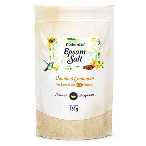 Nortembio Sal de Epsom 180 g. Fragancia Vainilla y Canela. Sal de Baño Hidratada con Vitamina C y E. Relajación de Músculos, Aromaterapia y Buen Sueño. E-Book Incluido.