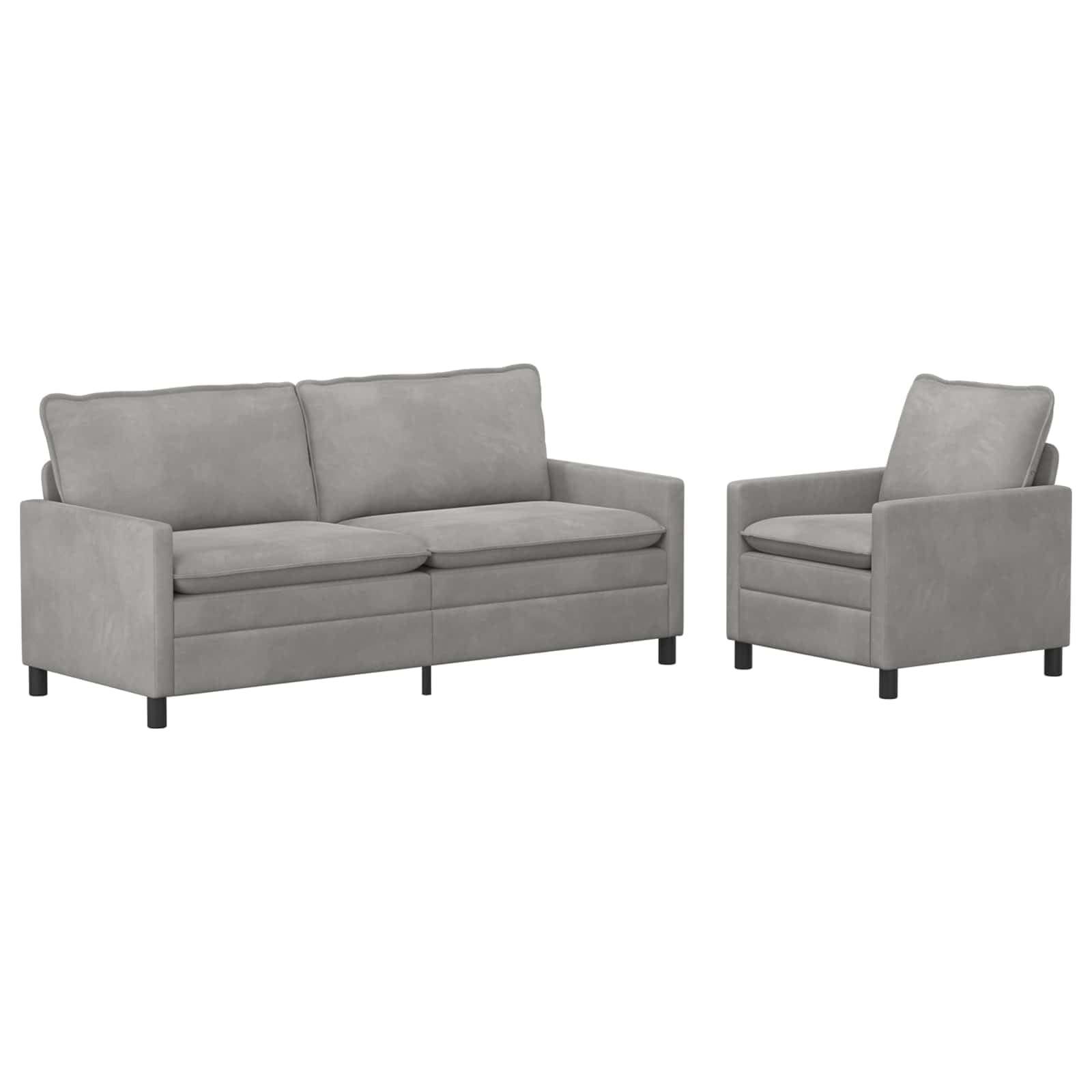 Juego de sofá de 2 piezas de terciopelo gris claro, moderno juego de sofá con 3 plazas y sillón para salón, marco de metal estable, acolchado cómodo, elegante paisaje para 4 personas
