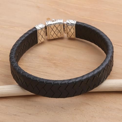 NOVICA Artisan Handmade Men's Leather Sterling Silver Wristband Bracelet Black No Stone Indonesia Modern [bracelet 9 in L x 0.6 in W Fits Wrist Size 8.25 in L] ' Adaptation'2