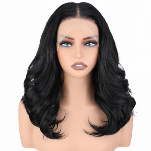 SISgrace Nature Black 13×6 HD Lace Front Wigs 18 Inch Pre Layered Body Wave Synthetic Glueless Wigs for Women Pre Plucked Tiny Knots Lace Natural Hairline Bob Wigs Big head friendly