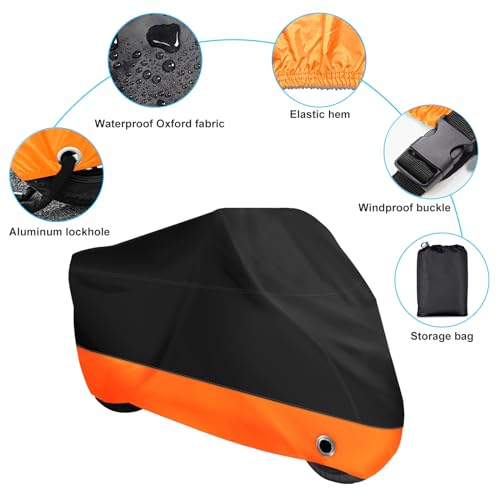 image for XYZCTEM Motorcycle Cover,All Season Black&Orange Waterproof Outdoor Su