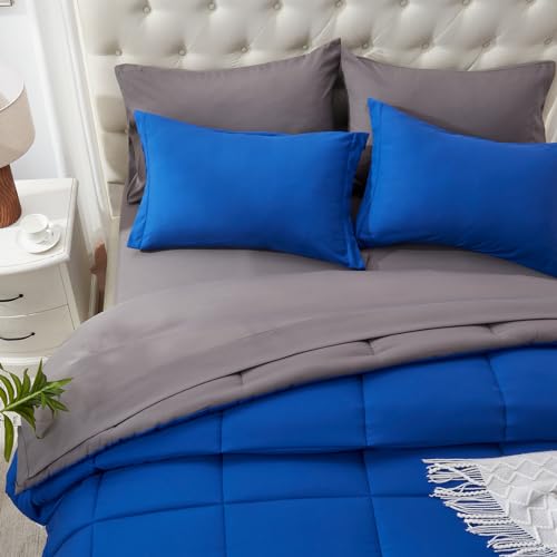 Anluoer Queen Comforter Set 7 Piece, Navy and Grey Bed in a Bag with Sheets, All Season Bedding Comforter Sets with 1 Comforter, 2 Pillow Shams, 2 Pillowcases, 1 Flat Sheet,1 Fitted Sheet