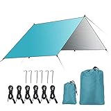 GROOFOO 防水タープ 遮光 タープ 天幕シェード テント キャンプ UVカット 軽量 裏面に銀コーティング 高耐水加工 遮熱 日除け サンシェルター アウトドア 収納袋付き 携帯便利 (ブルー・3*3m)
